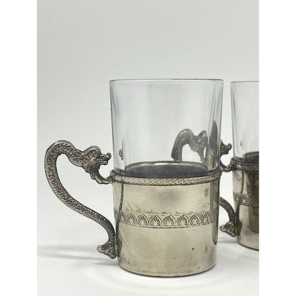 Set Of 4 Vintage Espresso Cordial Glasses Silver Plated Dragon Handles Italy - Picture 2 of 7